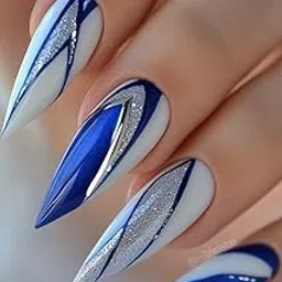 SIYARAM PALACE Handmade Nails Press-On Nails Set, Blue and White Geometric Design with Silver Glitter 12 Pieces with Prep Kit-picture-18