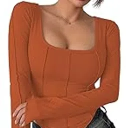 sugathari Women's Black Solid Long Sleeve Wrap-Style Square Split Crew Neck Bodycon Women T-Shirt Spring and Summer Top, Minimalist and Fashionable for Everyday Casual Wear Tops (T-Shirt 181)-picture-44