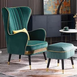 WOOD MART STORE - Velvet Fabric Wing Chair with Ottoman, Soft High Back Chair for Living Room, Offices (Green - Metal Legs)-picture-28