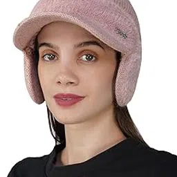 Woolen Winter Cap for Women Girls, Soft & Warm Pom Pom Visor with Ear Cuff Beanie Hat (Free Size, 4170)-image-21