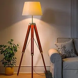 ELEGANTE HOMEZ Wooden Brown Polished and Brass Antique Gold Adjustable 5ft Height Tripod Standing Floor Lamp with 16 inches Off White Lamp Shade for Living Room Home-image-25