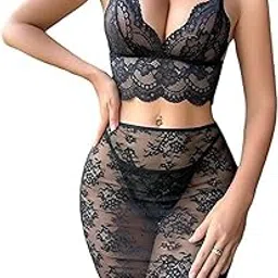 inonra ISE Women’s Black Lace Lingerie Set with Bralette & Asymmetrical Hem Sheer Skirt | Sexy Nightwear for Women | Honeymoon, Valentine & Bedroom Night Dress | Transparent Hot Lingerie for Women-picture-45