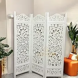 Elegant Folding Room Divider – Carved Wooden Partition Screen Separator Dividers for Home, Office & Studio Spaces Wall Panels for Living Room/Bedroom/Office/Restaurant/Corner 3 Panels (White)-picture-32