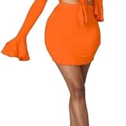 quecy Women's Polyester Slim Fit Casual Solid Deep V Neck Lace Up Skirt Outfits Set of 2 |Orange |XL-picture-16