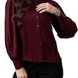 Women Pleated Mandarin Collar Cuffed Sleeves Workwear Shirt-image-0