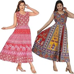 Arihant Collection Women's Cotton Jaipuri Printed Maxi Long Dress (Multicolour) Combo 2 Pieces-picture-18