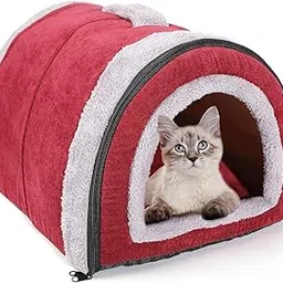 Fluffy's Luxurious 2-in-1 Foldable Pet House Ultra Soft Bed for Cat Dogs, Warm Portable Washable Indoor Puppy Kitten Beds Cave Tent Nest (S, Red)-picture-25
