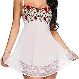 galsmaky Trendy Flower Print Women Self Design Lace Babydoll Nightwear Dress for Honeymoon and Anniversary| Wedding First Nightwear Dress Free Size White-picture-40