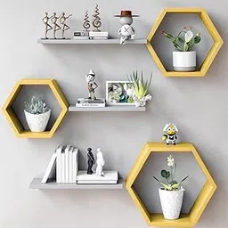 Hexagon Wall Shelf Set with Floating Shelves, Modern Decorative Wall Mounted Display Unit, 3 Hexagonal and 3 Straight Shelves (6, Yellow & Grey)-image-3