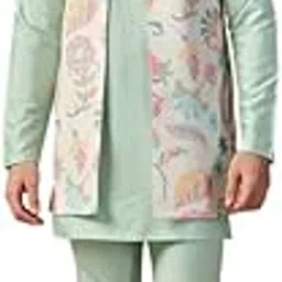 kisah Men's Kurta Jacket Churidar Set, Multi Cotton Blend, Digital Print Regular Fit Mandarin Collar Long Sleeves Multicolour-picture-40