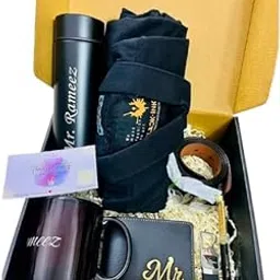 flamingo creativity Personalised Gift Hamper for Men | Temperature Bottle, Shirt, Coffee Mug, Wallet, Keychain, Pen, Belt & Wishing Card | Premium Combo Gift Set for Him image 1
