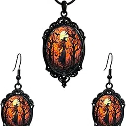 wsycoo Gothic Jewelry Set Gothic Earrings Necklace Mystery Witch Cameo Earring Punk Style Witch Necklace Goth Victorian Earring Vintage Crystal Glass Halloween Earrings Halloween Jewelry for Women-picture-15