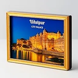 Decorative 3D Wooden MDF City Palace Udaipur Night View Lake Fridge Magnet, Rectangle Shape, Gold Frame-image-16