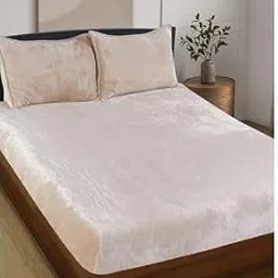D IMPORTS Velvet Warm Winter Solid Flannel Elastic Fitted Bedsheets for Double Bed King Size 90x100 inches with 2 Pillow Covers |190TC Double Bed Warm Bedsheet with Elastic (Beige/Golden) image 1