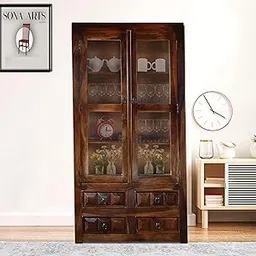 SONA Art & Crafts Solid Sheesham Wood Kitchen Cabinet | Crockery Cabinet | Crockery Rack with Door for Kitchen and Home Furniture- Walnut Brown Finish-picture-12