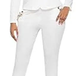 quecy Women's Polyester Slim Fit Elegant Solid Notched Button Pant Outfits Set of 2 (White,S)-picture-35