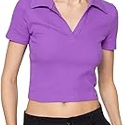 redamancii Women Polo Neck Short Sleeves Stretchable Ribbed Top-picture-43