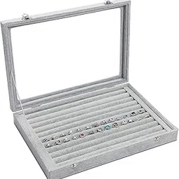 BucketList Fabric Glass Jewelry Ring Display Box - Grey Storage Box Organizer with Tray Holder and Showcase-picture-48