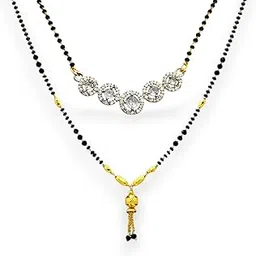 elleva Black Beads Mangalsutra for Women Short | Tanmaniya Necklace for Women | Small Pendant Set, Gold & White, Set of 2 (Pack Of 1)-picture-41