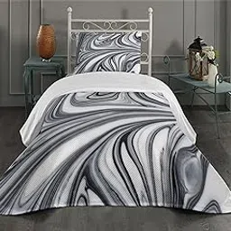 Ambesonne Abstract Coverlet, Mix of White and Black Hallucinatory and Surreal Liquid Marble Graphic Artwork, 2 Piece Decorative Quilted Bedspread Set with 1 Pillow Sham, Twin Size, White and Blue Grey-picture-36