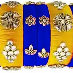 harshanvikaboutique Hand Craft New Silk Thread Bangles Plastic Bangle (Dark Blue-Yellow) (Pack of 6) (Size-2/10)-picture-12