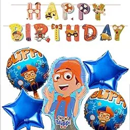 Atpata Funky Blue Orange Happy Birthday Themed Balloon Set - Character Shaped Foil Balloon, Colorful Cardstock Banner, Kids Art Party Decorations (Banner Balloon Set)-picture-28