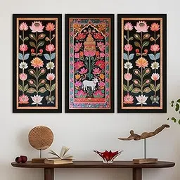 PAPER PLANE DESIGN Pichwai paintings for living room. Set of 3 canvas wrapped framed madhubani art for wall decor. 12 x 24 inch x 3 frames. (A)-image-5