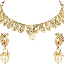 i jewels Gold Plated Pearl Peacock Copper Jewellery Set with Earrings for Women (MC018W)-picture-43
