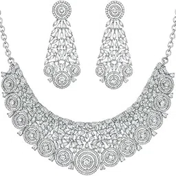 drapes de dzire Luxury AD Statement Necklace Set with Chandelier Earrings, Rhodium Finish, Diamond Look Fashion Jewellery for all ocassions_White_361-picture-17