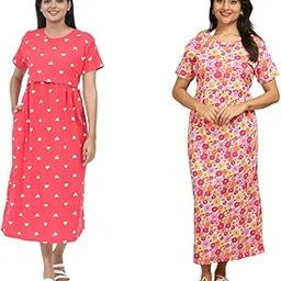 Mayaval Women’s Maternity Nursing Dress Set – Pack of 2 Coral Pink & Magenta Cotton Feeding Dress with Heart & Bow Print-picture-17