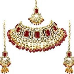 peora Rani Padmavati Dulhan Bridal Kundan Pearl Adjustable Choker Necklace with Earrings Maang Tikka for Women Girls Indian Traditional Jewellery Set-picture-37