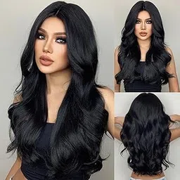 Black Color Long Curly and Wavy Hair Wig, Centre Parting, Women’s Wigs, 26 Inches Long Wigs for Women, Natural Looking Synthetic Wigs + 02 Wig Cap Free (Black)-picture-50