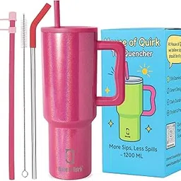 House of Quirk 1200ML Stainless Steel Tumbler with Handle & Lid, 2 Straws – Large Travel Mug Water Cup for Gym, Office & Outdoor Use (Shiny Rose)-picture-23