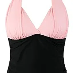 hilor Women's Plunging V Neck Halter Swim Tops Shirred Tankini Top-picture-20