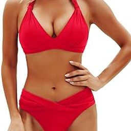 yonique Women Two Piece Bathing Suits Push Up Bikini Set Halter Swimsuit Vintage Swimwear, Red, M-picture-14