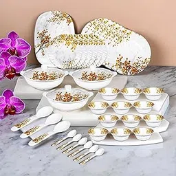 Thermador Floral Melamine 40 Pcs Dinner Set|Crockery Set|6 Dinner Plates,6 Small Plates,1 Serving Tray,3 Big Serving Bowls with Lid,12 Small Bowls,6 Spoons,3 Serving Spoons (White Orange Multicolor)-picture-48