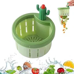 Cactus Kitchen Sink Drain Strainer Basket | Press Automatic Dumping Waste Collector | Multi-Functional Sink Filter for Food Residue | Mesh Drain Basket with Net Lifting & Cactus Design (Green)-image-0