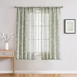 BFAM - Floral Print Semi Sheer Curtains for Living Room Vintage White Floral Print Window Drapes for Bedroom, Sold as 1-image-4