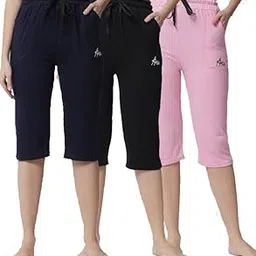 anixa Women's Cotton Capri Pants, Drawstring Waist, Knee Length, Pack of 3-picture-40