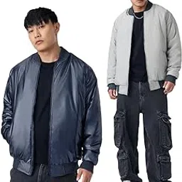 the souled store Orion Men and Boys Full Sleeves Band Collar Navy and Grey Solid Polyester Reversible Lightweight Everyday Oversized Fit Bomber Jacket-picture-23