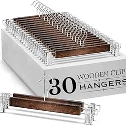 Wooden Clips for Clothes Hanging | 360° Swivel Hook with 2-Adjustable Clip Hangers for Pants, Skirts, Sarees | Wooden Trousers Bottom Hangers for Wardrobe Walnut (30)-picture-45