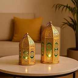 Market99 Set of 2 Moroccan Style Domed Lanterns (Golden & Green) | Beautiful hanging/tabletop metal and glass lanterns, designed for home decor, Diwali ambiance, festivals, or garden lighting accents.-picture-14