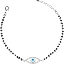 clara Womens 925 Sterling Silver Evil Eye Halo Hand Mangalsutra Bracelet | Black Beads, Rhodium Plated | Gift For Wife-picture-28