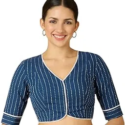 studio shringaar Women's Cotton Handloom V-Neck Readymade Saree Blouse with Off White Stripes-picture-28