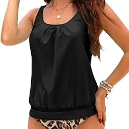 Blouson Tankini Swimsuits for Women Loose Fit Floral Printed Modest Two Piece Bathing Suits, Black & Leopard, X-Small-image-44