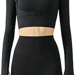 feoya Women's Stretch Cutout Yoga Sports Jacket Long Sleeve Crop Top T Shirts with Thumb Holes-picture-31