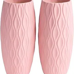 Modern Decorative Ceramic Flower Vase Textured Wave Pattern Tall Cylinder Shape Available in Pink Yellow Teal Home Decor Set of 2 (Pink)-picture-27