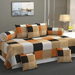 Premium Cotton Diwan Set 8 PCS|300 TC Fabric |1 Bedsheet (90x60 inch), 5 Cushion Covers (16x16 inch), 2 Bolster Covers (16x32 inch) |Vibrant Floral & Geometric Designs (Beige Black)-image-18