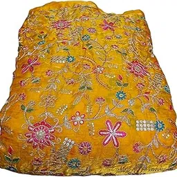 Fabric with Multicolred Flower Zari and Thread Work Floral Pattern, Shimmering Design for Women Blouse, Lehenga and Dress(1 Meter)(Yellow)-image-1