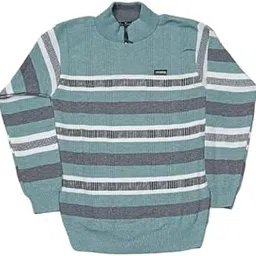 Men's Quarter-Zip Striped Sweater, Light Green and Grey Pattern, Long Sleeve Knit Pullover-picture-10